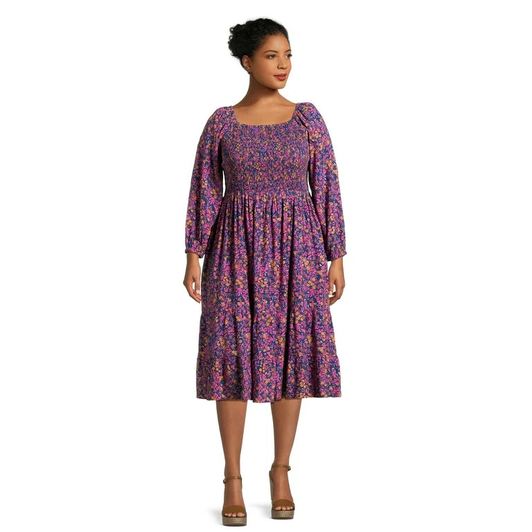 Terra & Sky Women's Plus Size Square Neck Smocked Dress | Walmart (US)