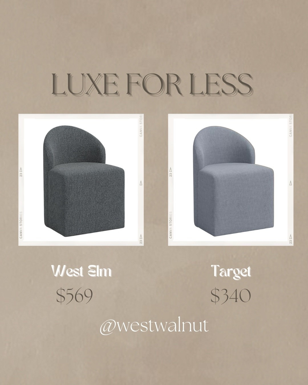 On the left is the Noosa Upholstered Dining Chair from West Elm. It is constructed with a solid rubberwood frame. 
Featured Fabric - Navy, Eco Tweed
Dimensions: 32” (H) x 23” (W) x 23” (D)

On the right is the Ella Tub Upholstered Dining Chair - Threshold™ from Target. This chair is constructed with a wood chair.
Featured Fabric - Performance Textured Weave River
Dimensions: 32” (H) x 23” (W) x 23” (D)

#affordablefurniture #dupe #diningchair #luxeforless #furnituredupe #chairdupe

#LTKHome