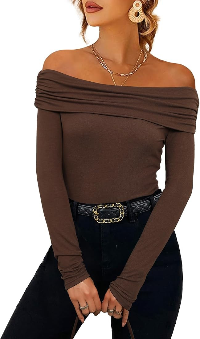 Prettywear Women's Sexy Off Shoulder Tops Y2K T-Shirt Slim Fit Long Sleeves Spring Fall Blouse Go... | Amazon (US)