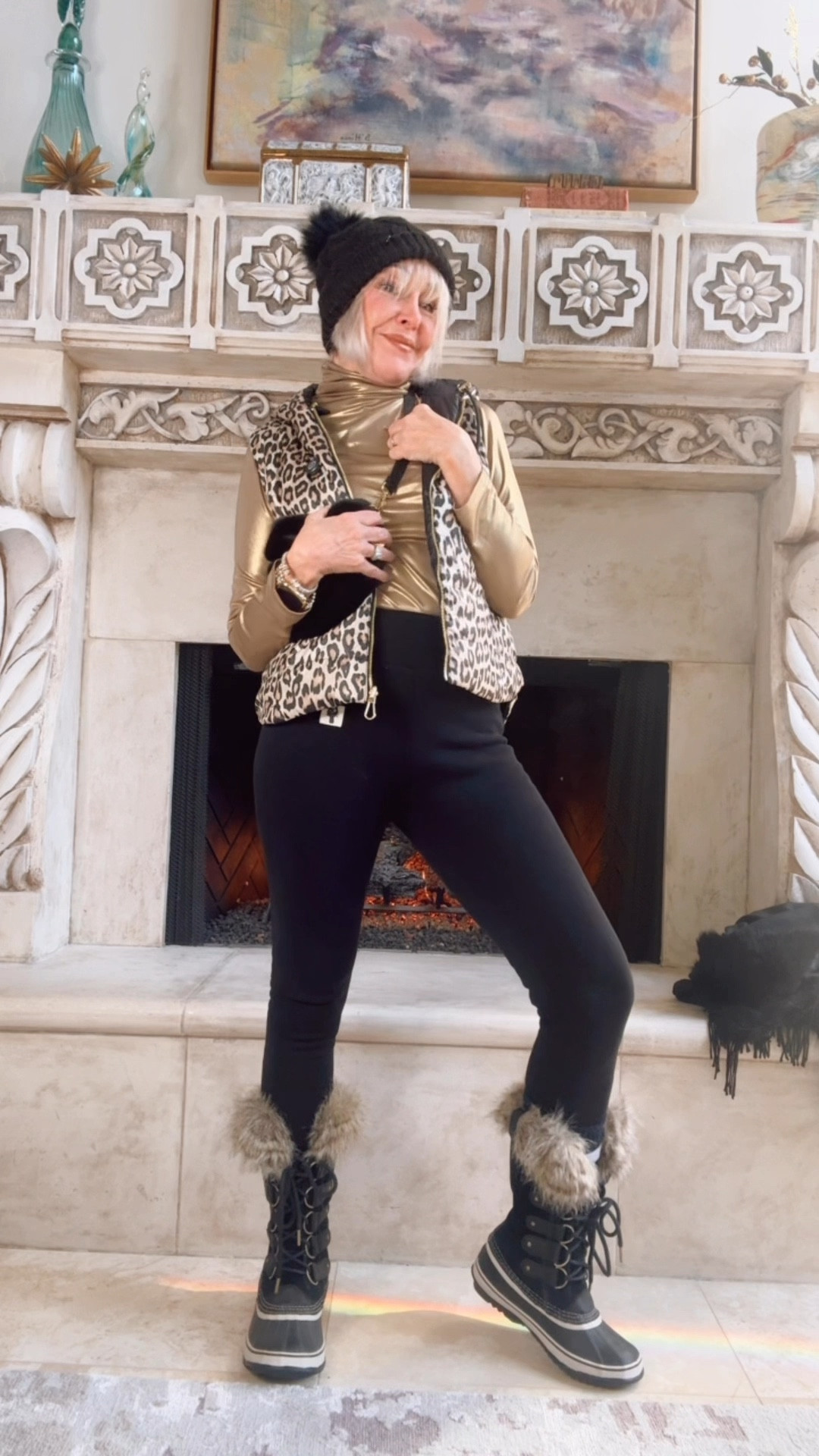 Reversible quilted vest leopard to block zip front
Fuzzy Fanny Pack for Women Faux Fur Belt Bum Bag with Adjustable Strap Waist Pouch Casual Crossbody Purse for Travel
Sorel Joan of Arc lace up all weather boots with fur trim 
Gold lamé turtle neck long sleeve top
Black long sleeve turtle neck top 

Women's Casual Sherpa Fleece Lined Warm Leggings Thicken Heavy Jogger Pants
Long Johns Thermal Underwear for Women Fleece Lined Base Layer Pajama Set Cold Weather
Gloves by North Face 
Wool knee high socks 
Amazon finds 
Found it on Amazon
Canada Goose down coat Shelburn
Black beanie

#LTKSeasonal #LTKFindsUnder50