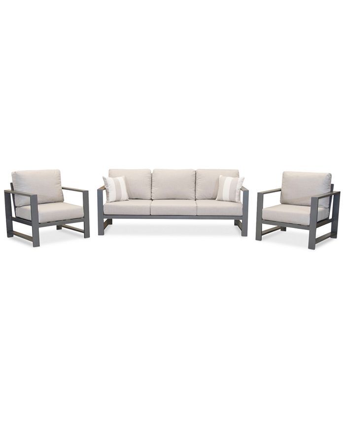 Aruba Grey Aluminum Outdoor 3-Pc. Seating Set (1 Sofa & 2 Club Chairs) with Sunbrella® Cushions,... | Macys (US)