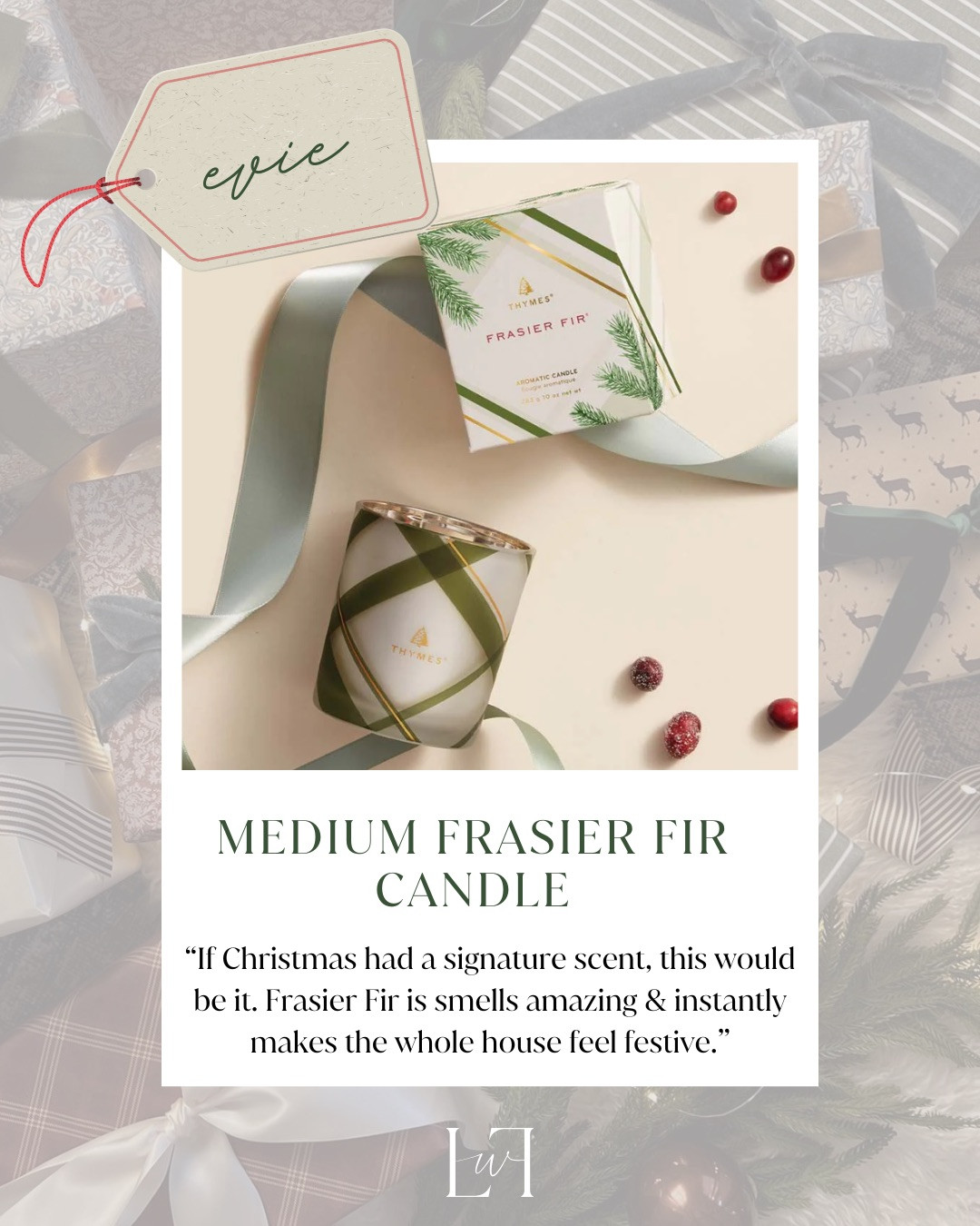 A holiday favorite things classic. The Frasier Fir candle fills the home with a fresh Christmas tree scent, making it the perfect gift for creating a cozy, festive atmosphere.

Life with Loverly, frasier fir candle, christmas candle, holiday home decor, favorite things gift 

 #LTKGiftGuide #LTKHoliday #LTKHome