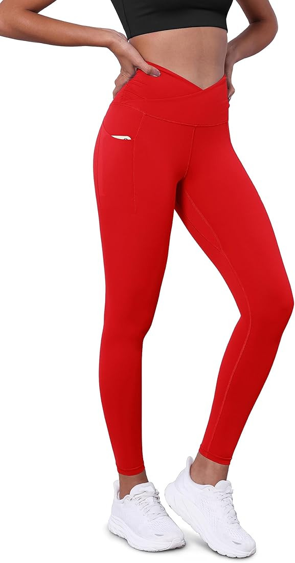 ODODOS Women's Cross Waist 7/8 Yoga Leggings with Inner Pocket, 21"/25"/28" Gathered Crossover Wo... | Amazon (US)