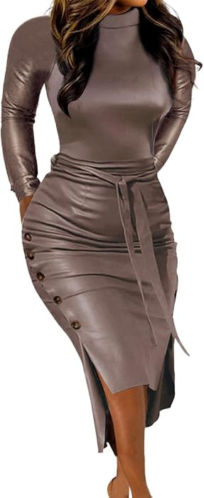 Faux Leather Long Sleeve Midi Dress for Women Mock Neck Belted Bodycon Dress Side Buttons Slit Cl... | Amazon (US)