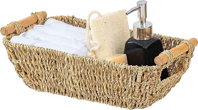 Artera Small Wicker Basket for Bathroom - Woven Seagrass Basket with Wooden Handles for Towels, W... | Amazon (US)