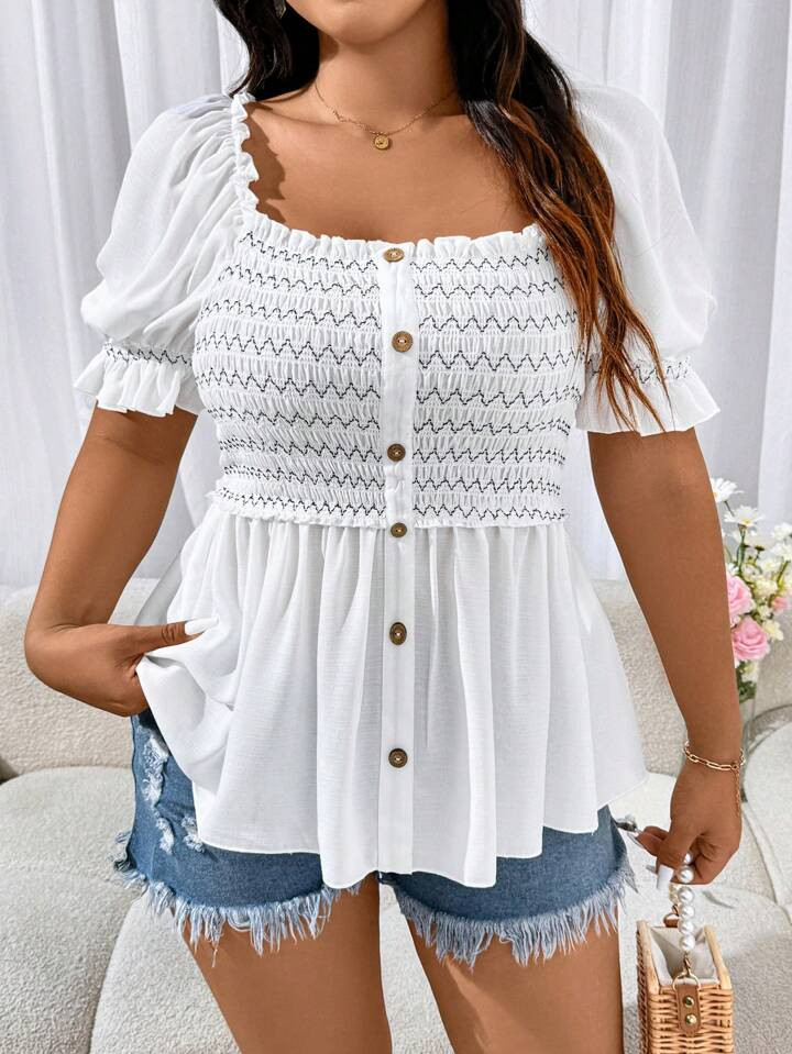 SHEIN WYWH Plus Size Women's Summer Button Decorated Square Collar Short Puff Sleeve Blouse With ... | SHEIN