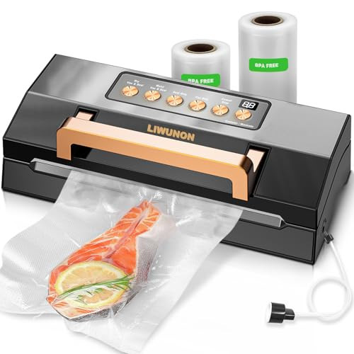 Powerful Suction Vacuum Sealer Machine,Commercial Fully Automatic Food Vacuum Sealer with Double Heat Seal,Dry & Moist Modes,Built-in Cutter,Bags Storage,Easy-Lock Handle,Include 2 Bag Rolls (Black) | Amazon (US)