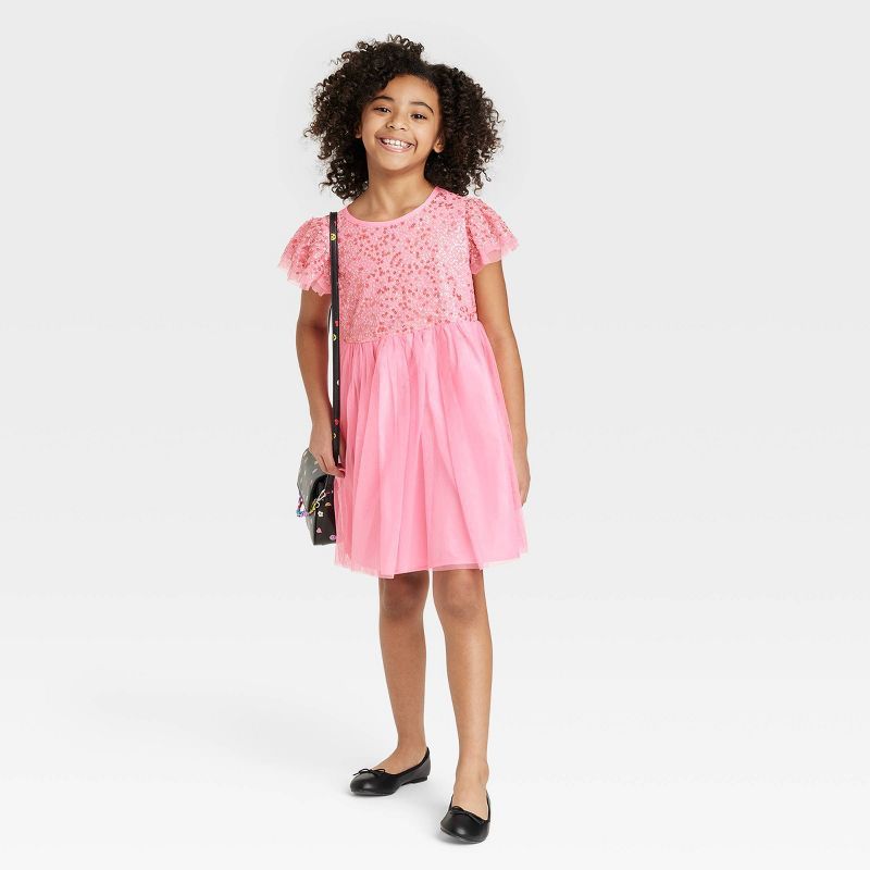 Girls' Short Sleeve Sequin Tulle Dress - Cat & Jack™ Pink M | Target