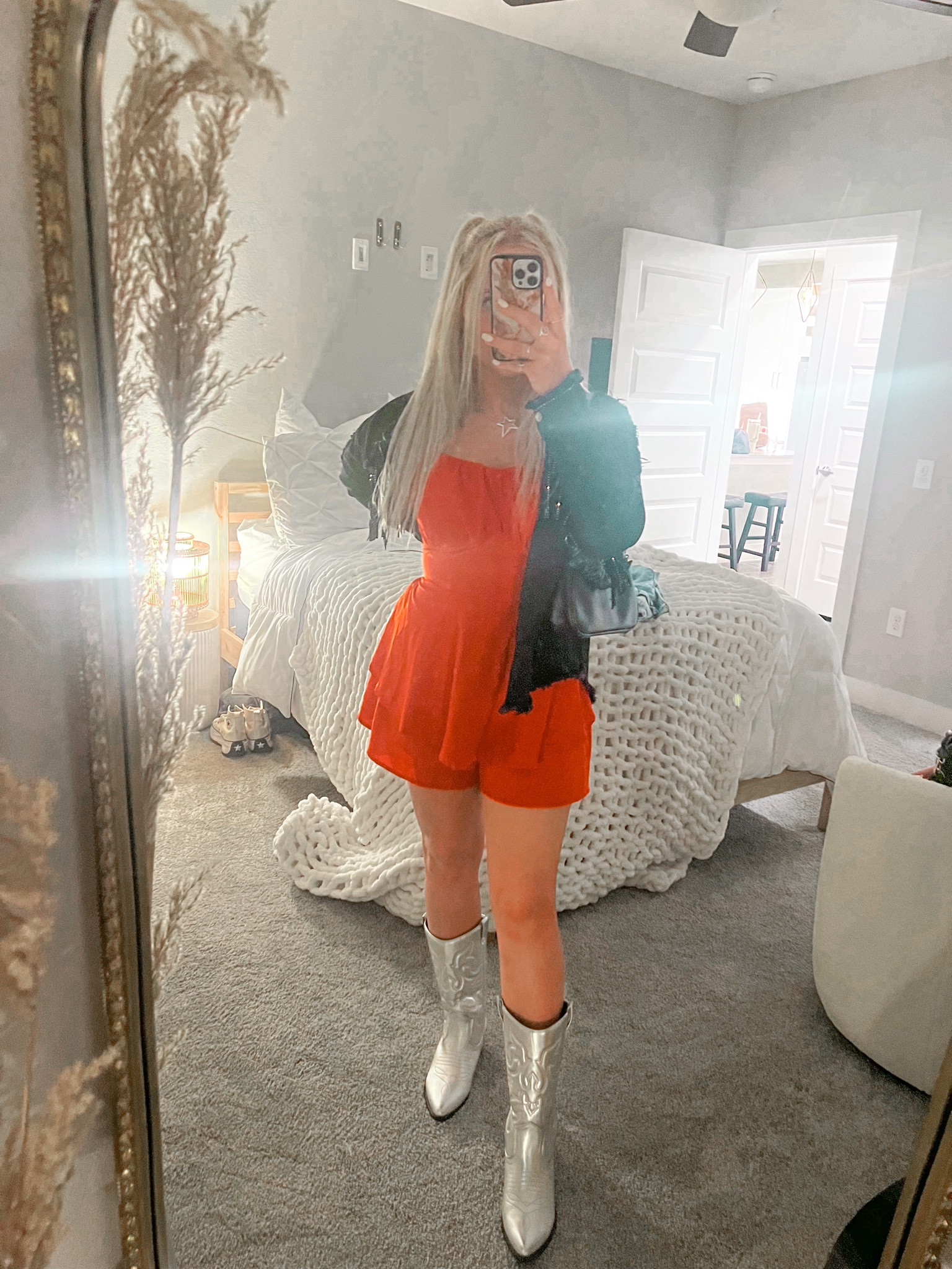 Going out, Texas, Fort Worth, stockyards, Dallas, western outfit, red romper, rhinestone jacket, red long sleeve romper, denim jacket, rhinestone denim jacket, black jacket, black denim jacket, cowboy boots, women’s cowboy boots, silver cowboy boots, silver boots, going out inspo 

#LTKunder50 #LTKunder100 #LTKshoecrush