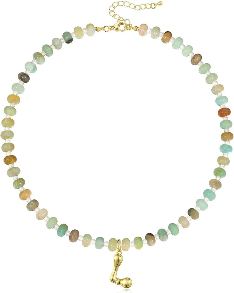 KissYan Initial Necklaces for Women, Colorful Beaded Gemstone Choker 14K Gold Bubble Letter Penda... | Amazon (US)