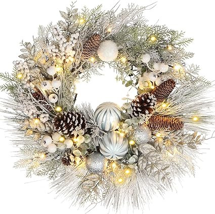 Christmas Wreath 24" Christmas Front Door Wreath Ornament with LED Lights Pinecone Berries Artifi... | Amazon (US)