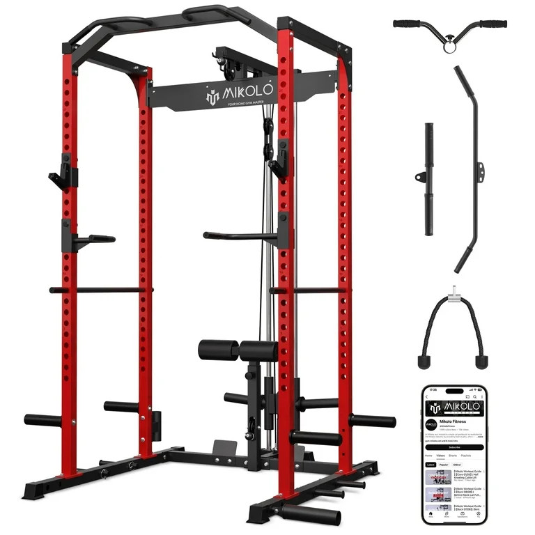 Mikolo Multi-Functional Squat Rack with LAT Pulldown System Exercise Power Cages, Metal Red | Walmart (US)