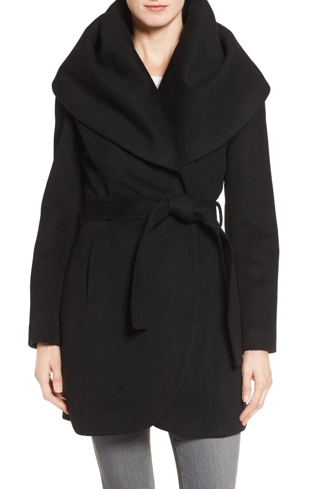 Women's T Tahari Wool Blend Belted Wrap Coat, Size X-Small - Black | Nordstrom