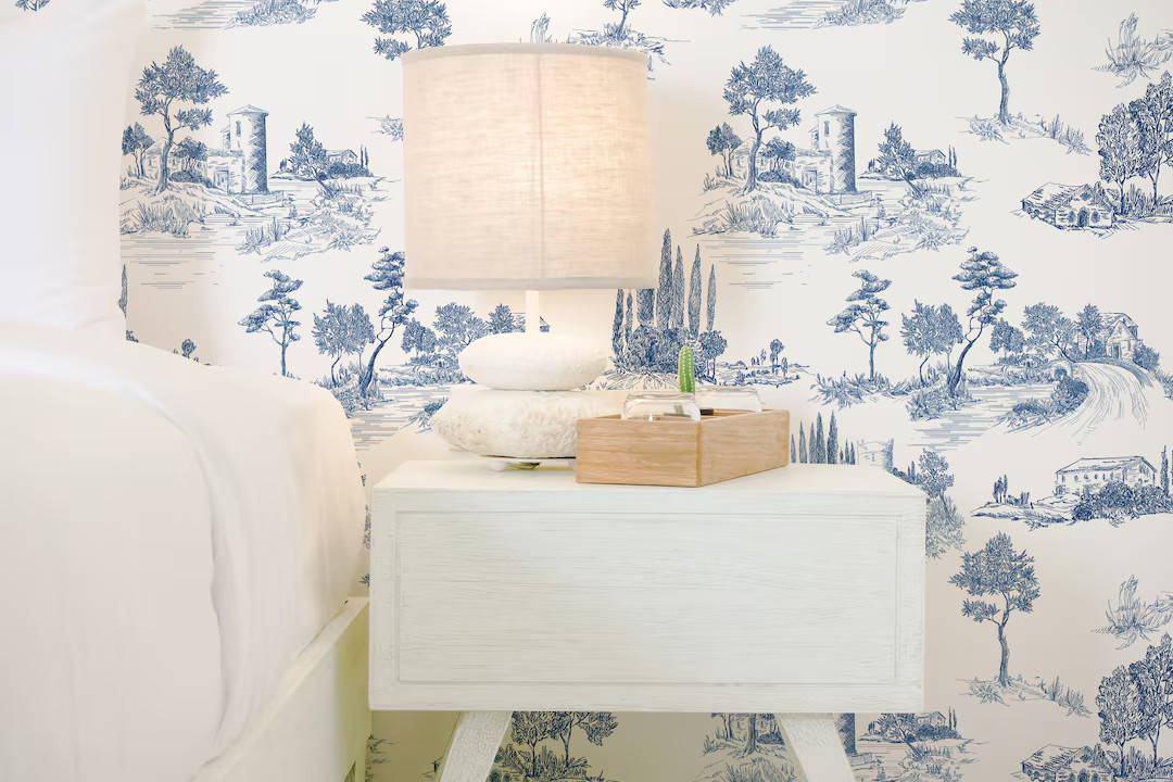 Blue Toile Countryside Wallpaper Vintage French Blue Toile Peel and Stick Removable Wallpaper Cus... | Etsy (US)