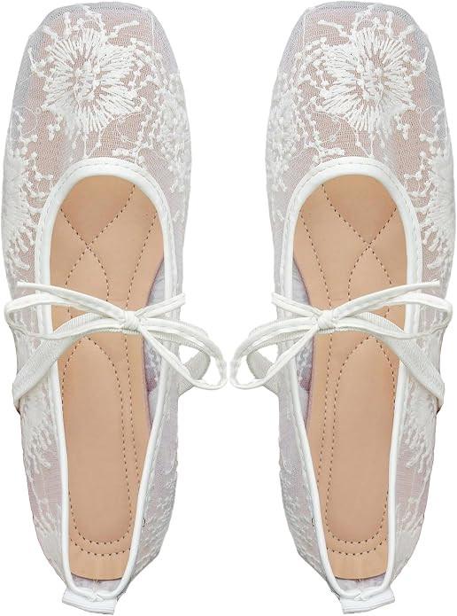 GORGLITTER Women's Floral Ballet Flats Embroidered Mesh Ballerina Shoes Bow Closed Toe Dress Shoe... | Amazon (US)
