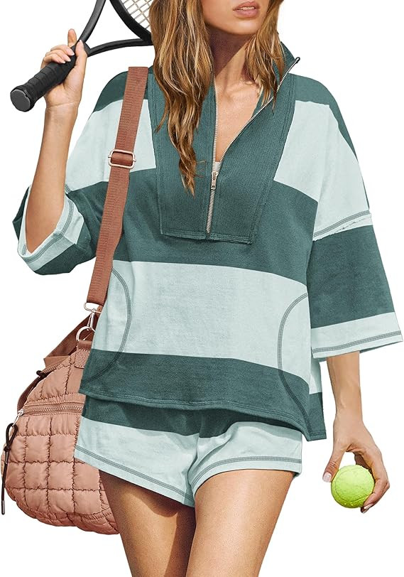 Womens Workout Striped Short Sets 2 Piece Outfits Summer Matching Lounge Sets Top and Shorts with... | Amazon (US)