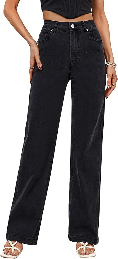 Tsher Women’s High Waisted Jeans Stretchy Straight Leg Loose Fit Denim Pants Lightweight Tummy ... | Amazon (US)