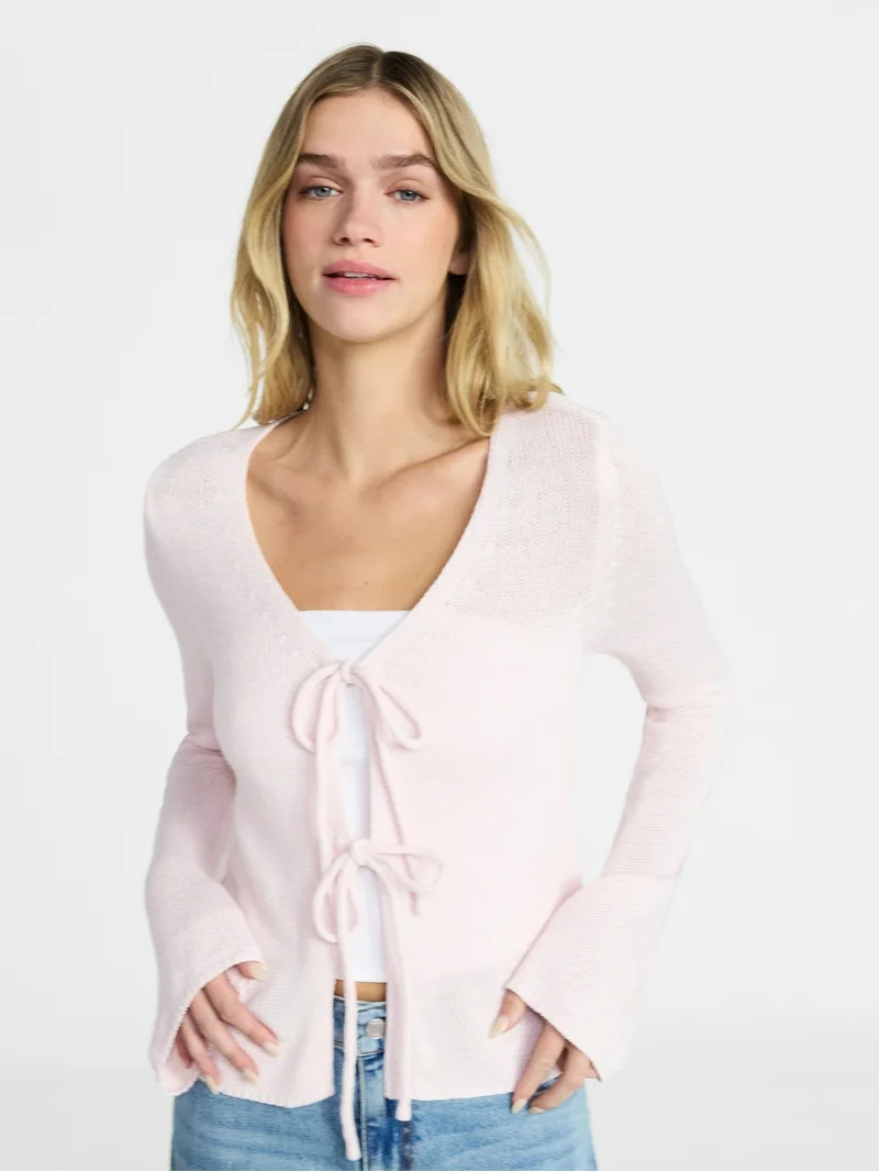 No Boundaries Tie Front V-Neck Cardigan with Bell Sleeves, Women's & Women's Plus XXS-4X | Walmart (US)