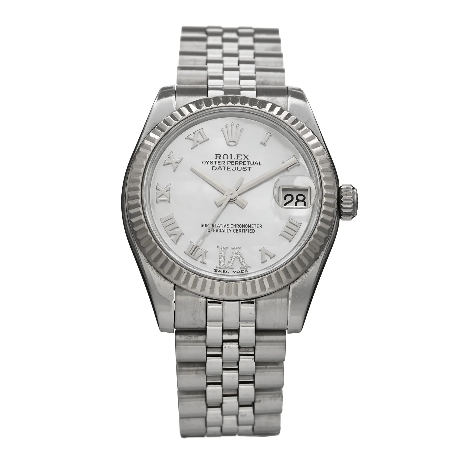 Stainless Steel 18K White Gold Diamond Mother of Pearl 31mm Oyster Perpetual Datejust Watch Roman... | FASHIONPHILE (US)
