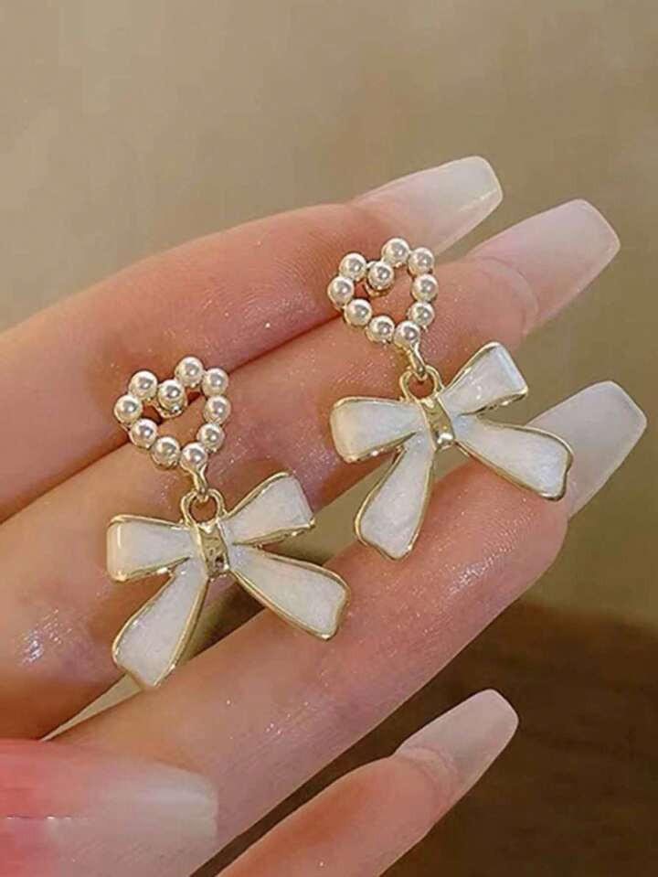 1 Pair Bowknot & Heart Shaped, Faux Pearl Earrings - Women Jewelry, Christmas, Halloween, Thanksg... | SHEIN