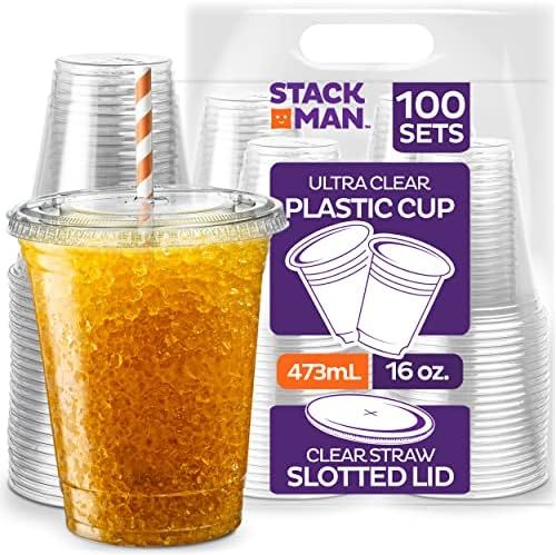 [100 Sets - 16 oz.] Clear Plastic Cups with Straw Slot Lid, PET Crystal Clear Disposable 16oz Pla... | Amazon (US)