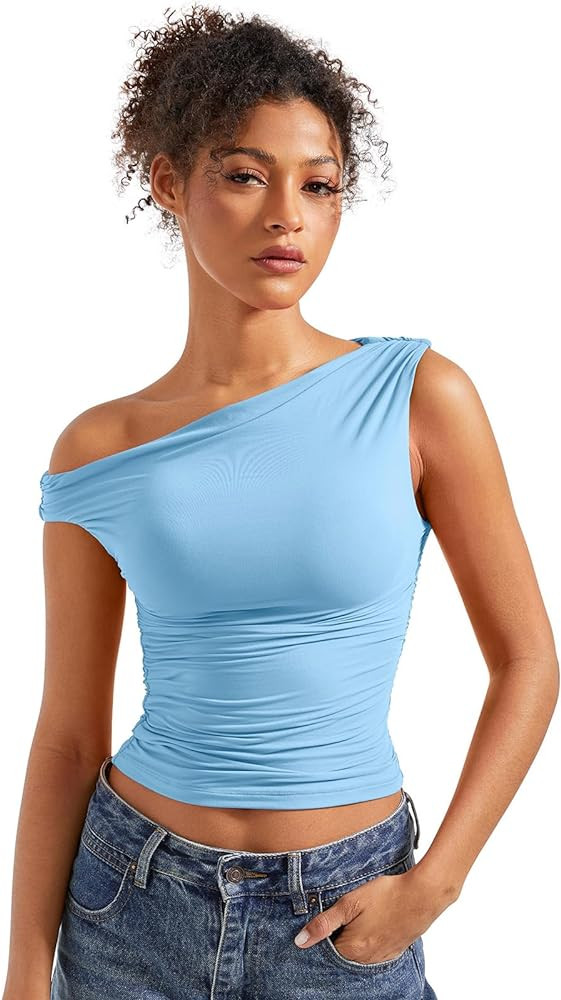 SUUKSESS Women Off Shoulder Tops Sleeveless Shirts Y2K Going Out Crop Tank Top | Amazon (US)