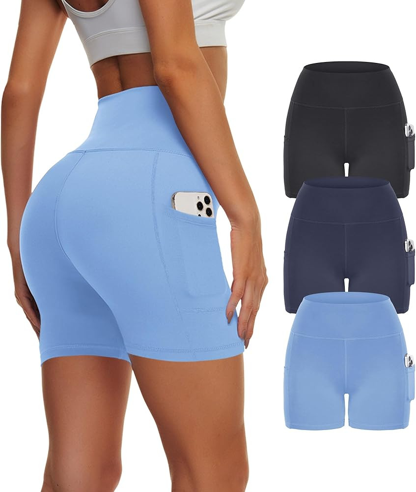 Showitty 3 Pack Biker Yoga Shorts with Pockets for Women, High Waist Tummy Control Workout Runnin... | Amazon (US)