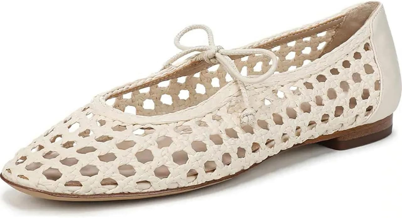 Women Woven Mesh Ballet Flats Raffia Lace up Ballerina Mary Jane Flats Fashion Casual Slip on Sho... | Amazon (US)