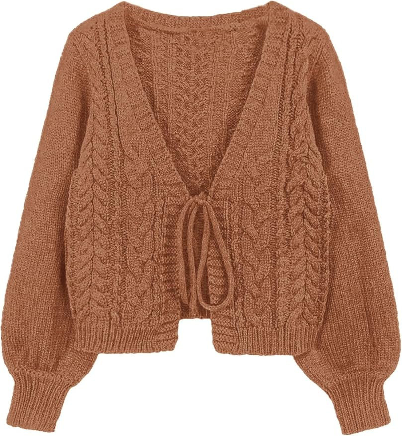 ZAFUL Women's Tie Front Crop Cardigan Sweater V-Neck Lantern Sleeve Open Front Loose Casual Knitw... | Amazon (US)