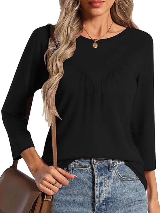 Womens Tops 3/4 Sleeve T Shirts Summer Spring Fall 2025 Basic Casual Ruched Blouses Fashion Trend... | Amazon (US)