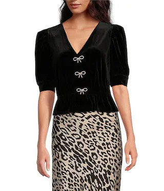 Lucy Paris Eline Velvet V-Neck 3/4 Sleeve Bow Top | Dillard's | Dillard's