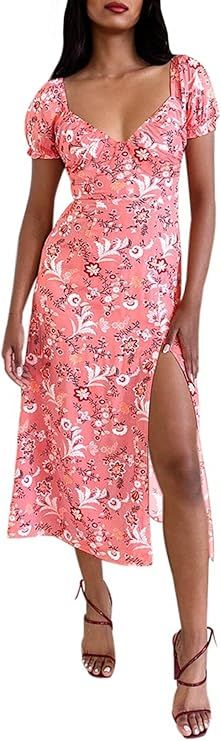 Bonkwa Womens Midi Floral Dress Puff Sleeve Summer Slit Dress Sweetheart Neck Ruched Bust Smocked... | Amazon (US)