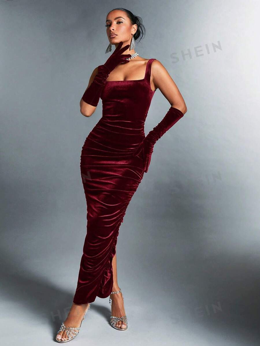 SHEIN BAE Women's Sleeveless Pleated Square Neck Bodycon Dress | SHEIN