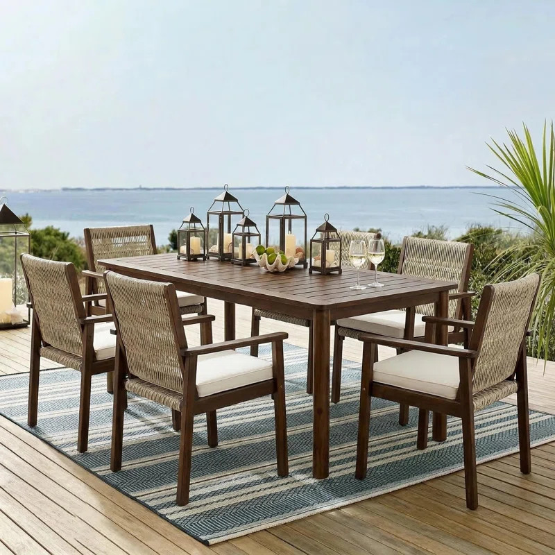 Ullman 7-Piece Outdoor Modern Coastal Acacia Wood Dining Set With Wicker Chairs And Cushions | Wayfair North America