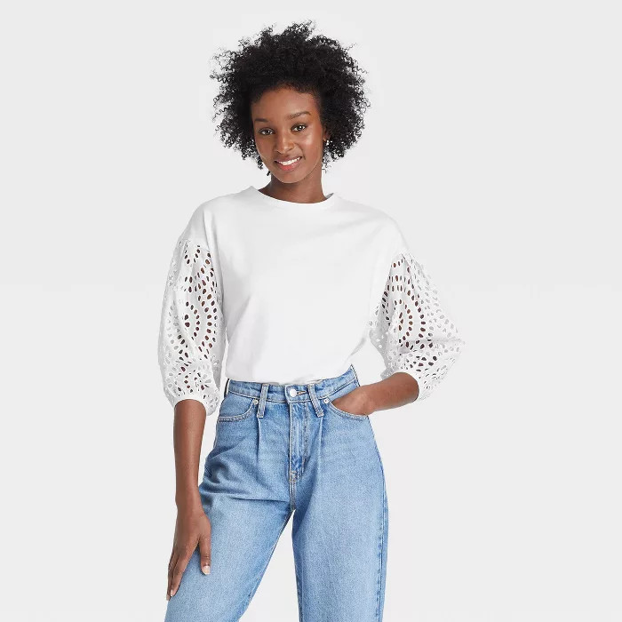 Women's Long Sleeve Round Neck Eyelet Top - A New Day™ | Target