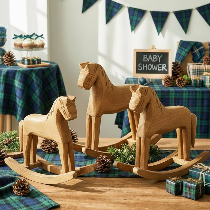 Vicenpal 6 Pack Baby Shower Wooden Vintage Rocking Horse Table Decoration for Blue Green Tartan P... | Amazon (US)