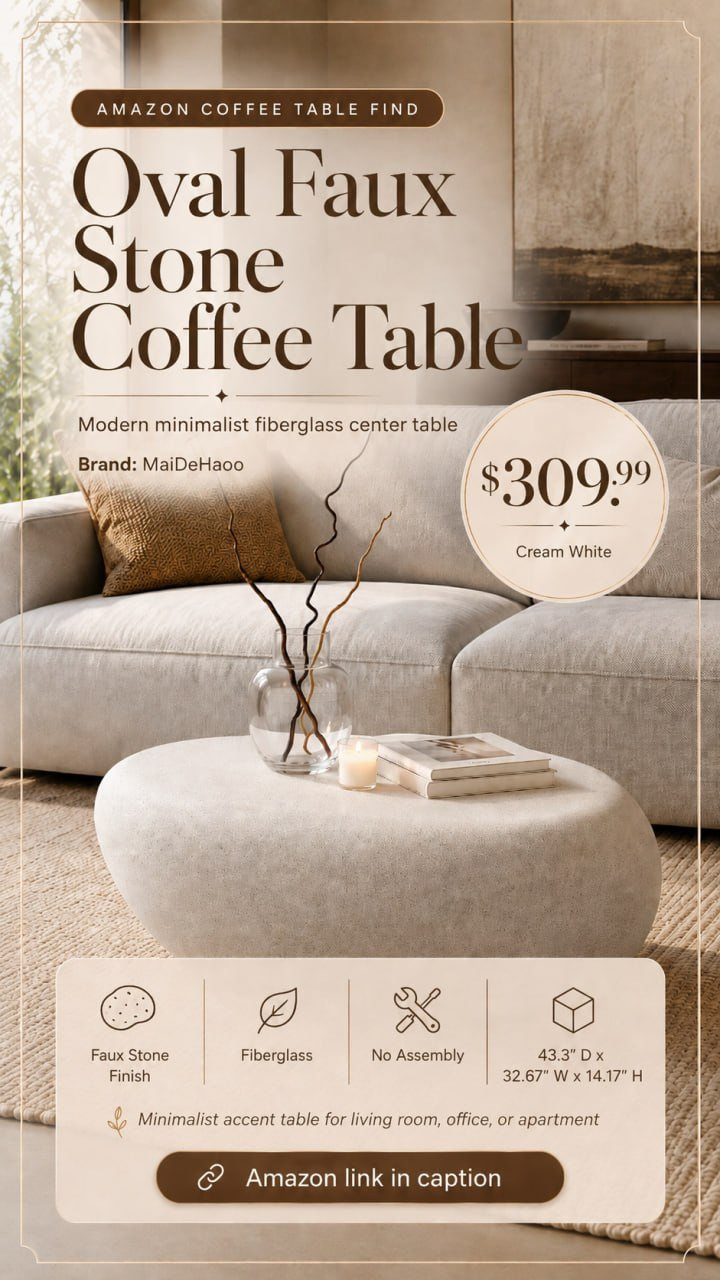 43.3" Oval Coffee Table for Living Room, Modern Faux Stone Center Table, Minimalist Accent Fiberglass Tea Table for Office Apartment, No Need Assembly, Cream White 

 #LTKHome