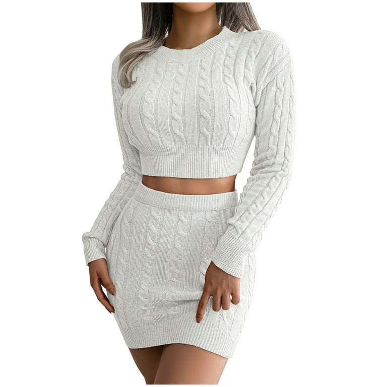 HTNBO Women Knitted Sexy Cropped Cropped Sweaters 2 Piece Sets Fall Winter Crew Neck Wrap Skirt K... | Walmart (US)