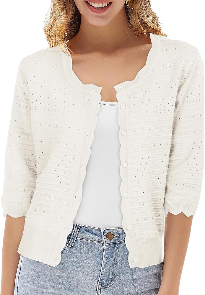 Women's 2024 3/4 Sleeve Lightweight Cropped Cardigan Sweaters Crochet Button Down Cardigans Shrug | Amazon (US)