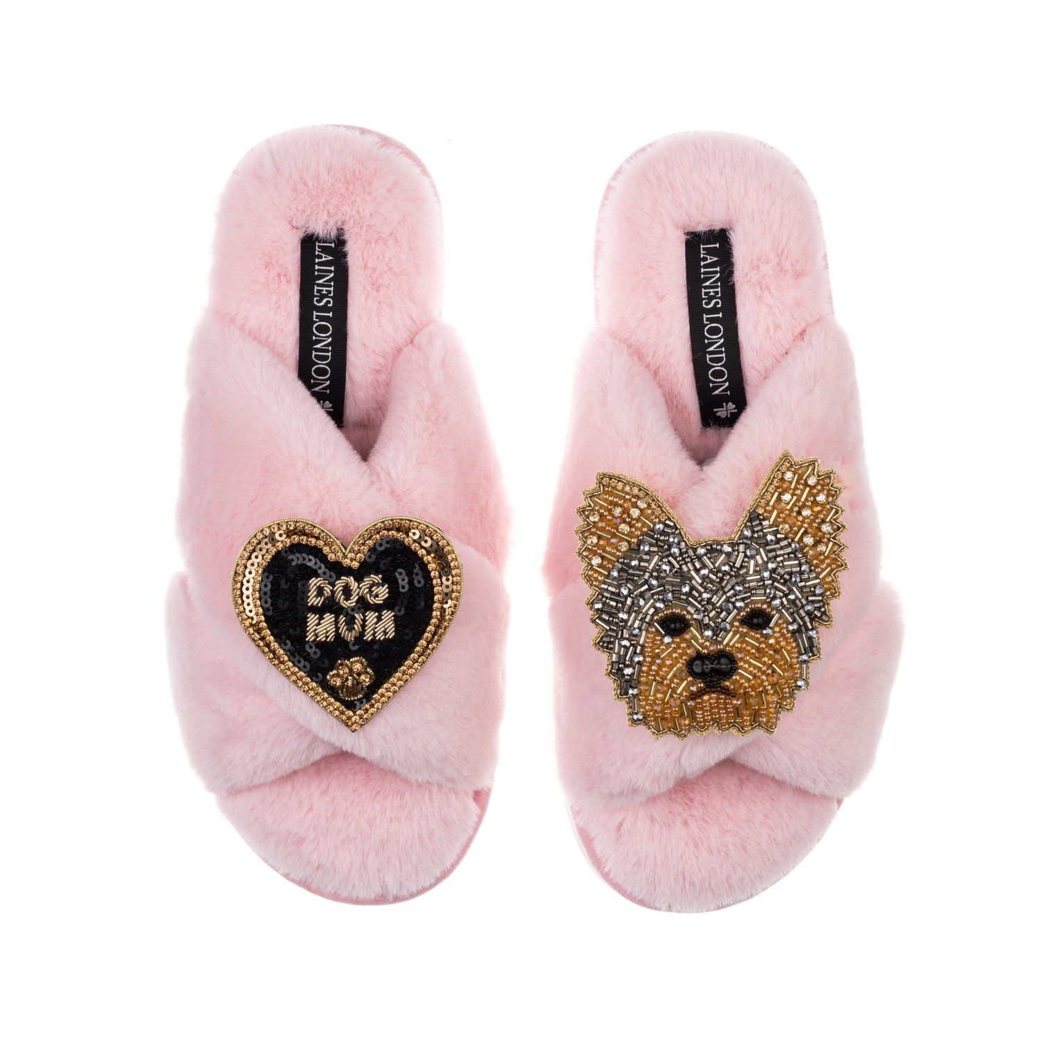 Classic Laines Slippers With Minnie The Yorkie & Dog Mum Brooches - Pink | Wolf & Badger (US)