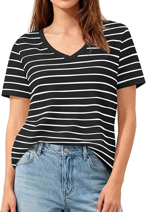 PRETTYGARDEN Short Sleeve Shirts for Women 2026 Spring V Neck Cute Tops Casual Striped Shirt Knit... | Amazon (US)