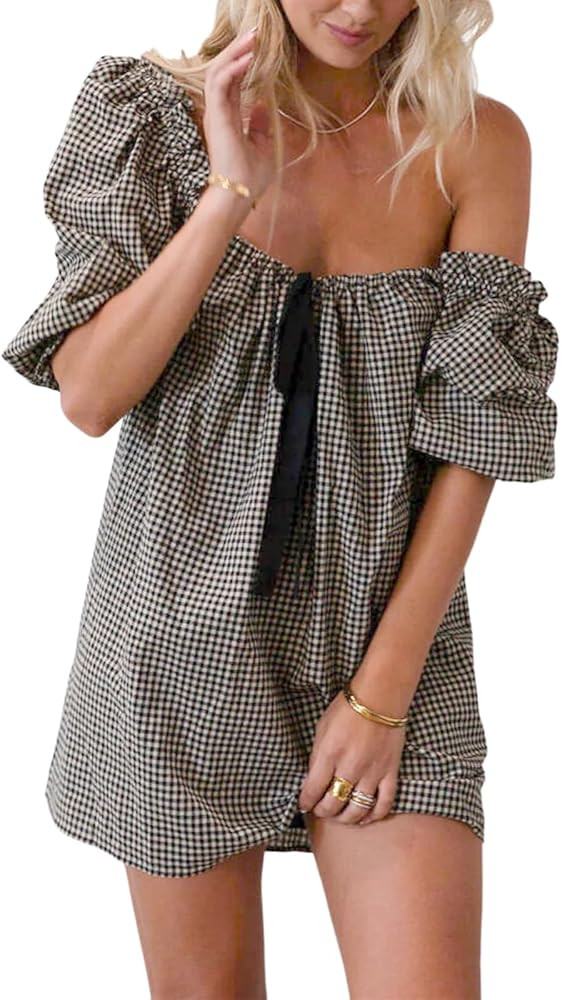 hibshaby Women's Babydoll Short Dress Puff Sleeve Cute Tie Mini Dress Floral Sundress | Amazon (US)