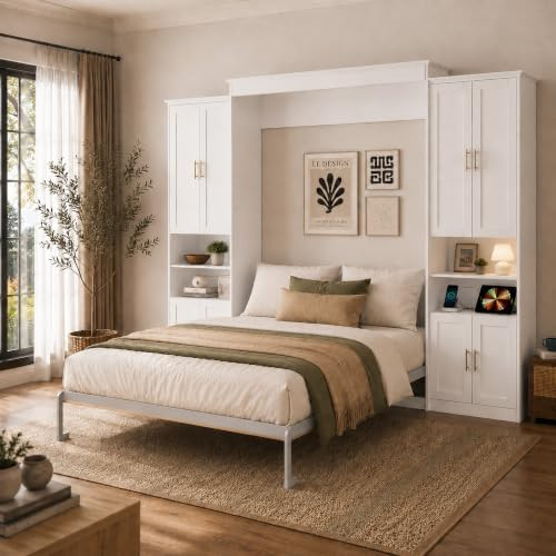 BEQAI Murphy Bed Queen with 2 Storage Cabinets and USB Port, White | Amazon (US)