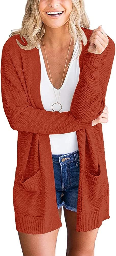 MEROKEETY Women's 2023 Long Sleeve Waffle Knit Cardigan Open Front Cozy Sweater Coat with Pockets | Amazon (US)