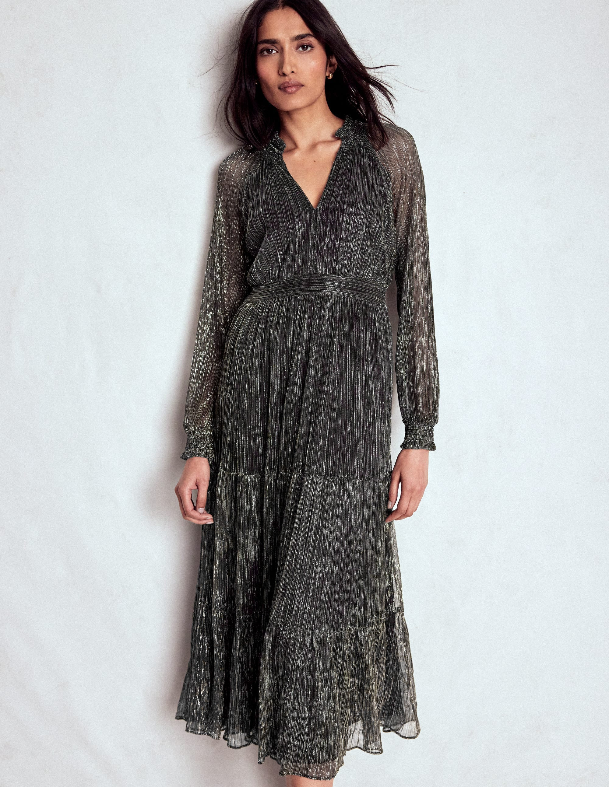 Lucille Smocked Sparkle Dress-Black and Gold | Boden (US)