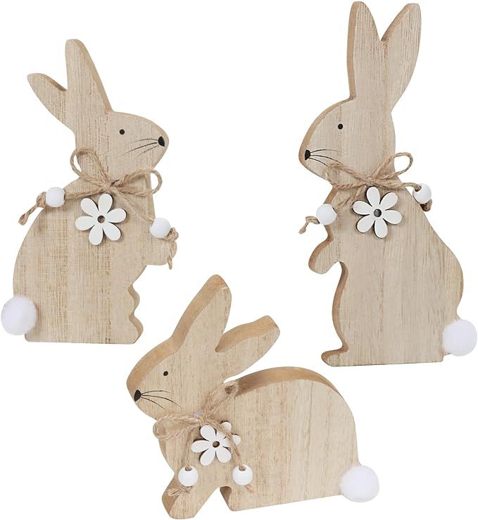 Easter Bunny Table Wooden Sign Decorations for Home, 3 Pieces Farmhouse Rabbit with Pompom Ball f... | Amazon (US)