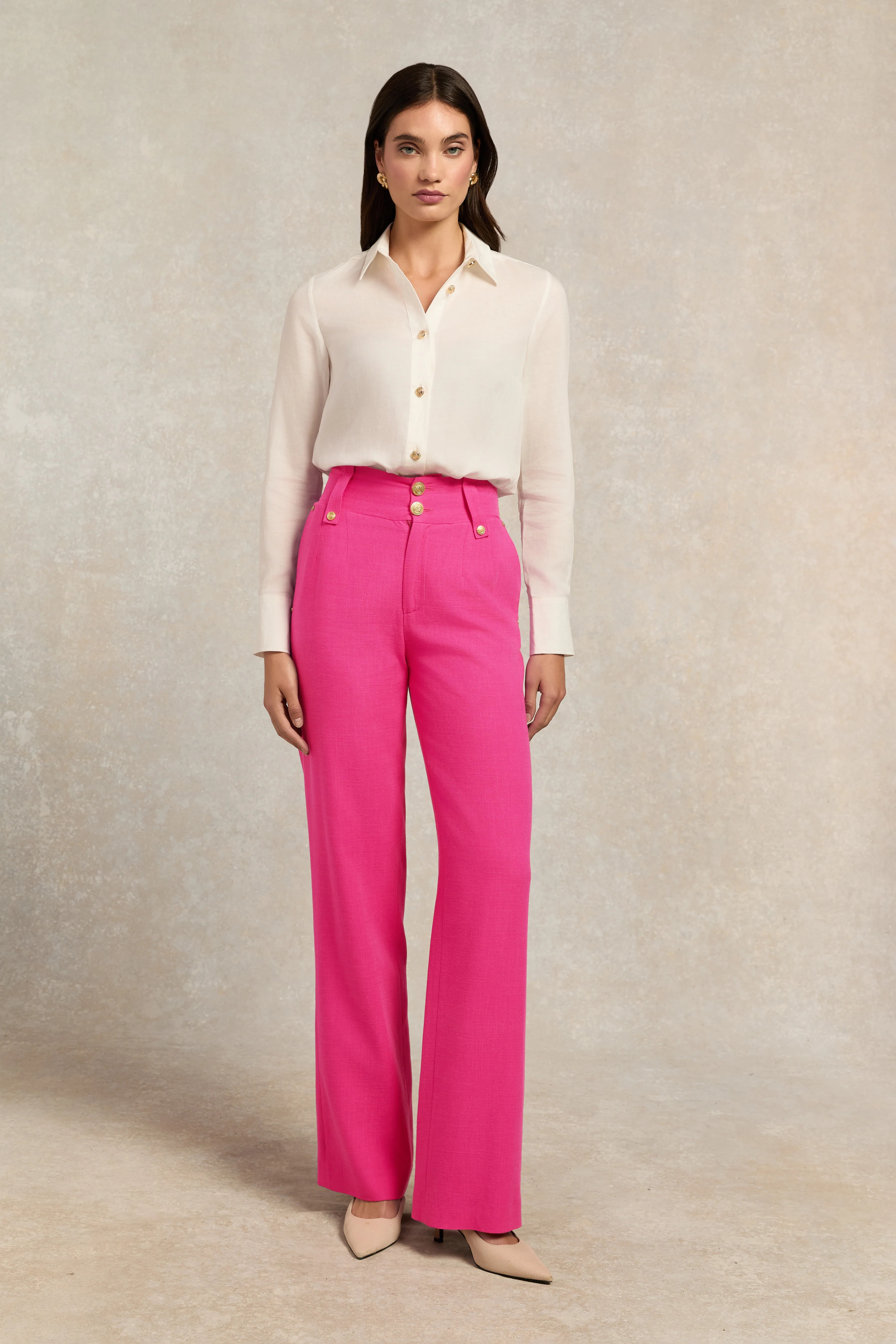 High Waisted Straight Trouser (Hot Pink Linen) | Holland Cooper