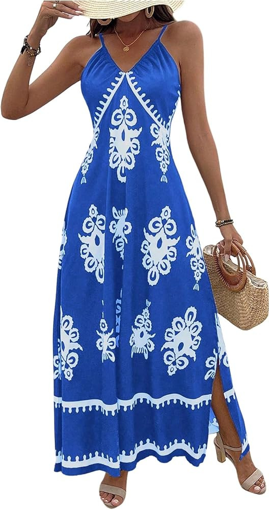 Floerns Women's Boho Print V Neck Split Cami Dress Sleeveless Vacation A Line Maxi Dresses | Amazon (US)