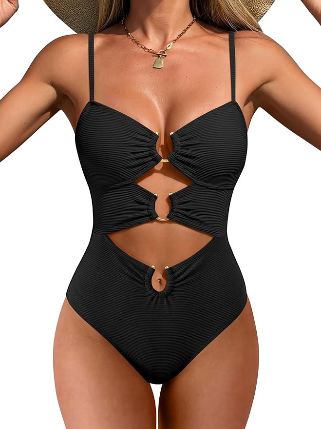 ANRABESS Women One Piece Swimsuits Sexy Cutout Full Coverage Bathing Suit Ring Link Ruched Monoki... | Amazon (US)