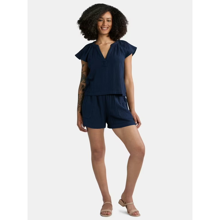 Time and Tru Women's Double Cloth Short Set, Sizes XS-XXXL | Walmart (US)